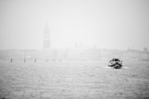 Venice, Italy - mist on St. Mark's basin, black and white landscape photo